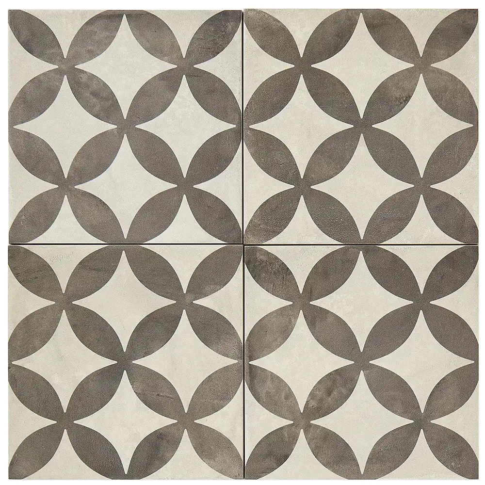 Cement encaustic look porcelain tile in square shape with rustic washed effect in light grey and charcoal black colour way, with print of tessellating circular coins pattern, Villa Collection