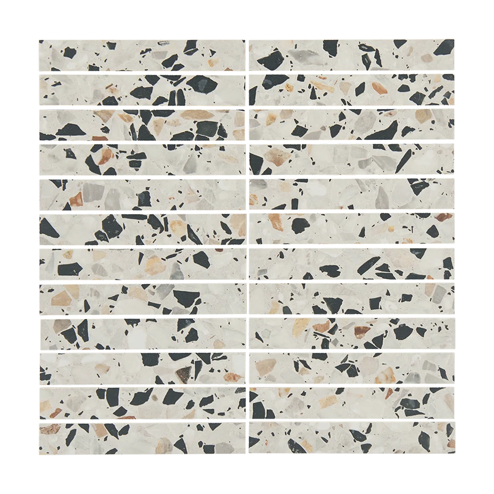 White kit kat mosaic tile with black brown and yellow stone look