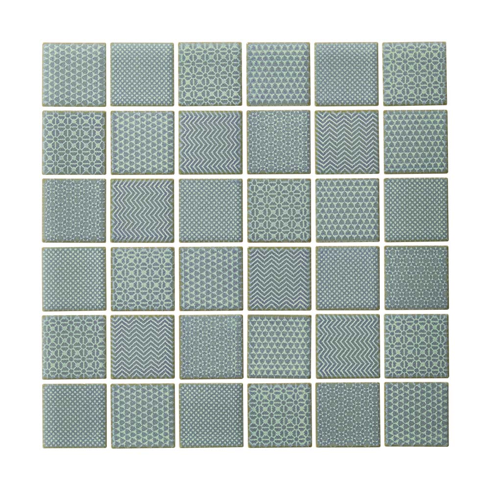 Green square mosaic tile random mix patchwork diamond triangles zig zag dots debossed imprinted texture square decorative mosaic, Arazzo Collection